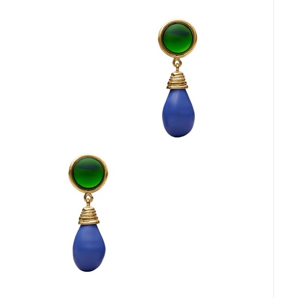 Tory Burch 👜 STONE DROP EARRING IN VINTAGE BRASS / DARK GREEN / BRIGHT BLUE - Picture 2 of 4
